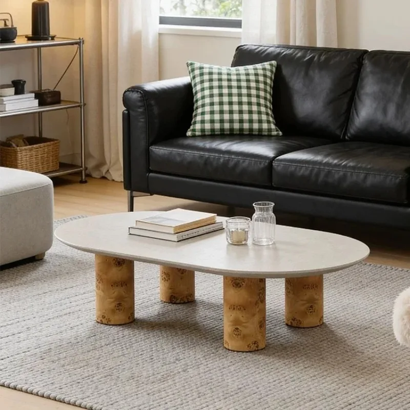 *Cream-toned Oval Coffee Table, Natural Stone Top, Customizable Colors Modern Elegance for Living Rooms and Cafes.