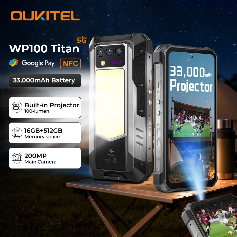 Oukitel WP100 Titan Rugged Phone 33000mAh 66W Charger 200MP Camera Built-in Projector Camping Light 120Hz NFC 5G CellPhone