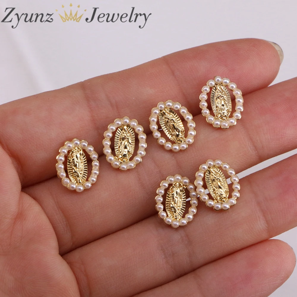

10 Pairs, Gold Color Virgin Mary Earrings Pearl Shell Oval Stud Earrings for Women Lady Fashion Religious Jewelry