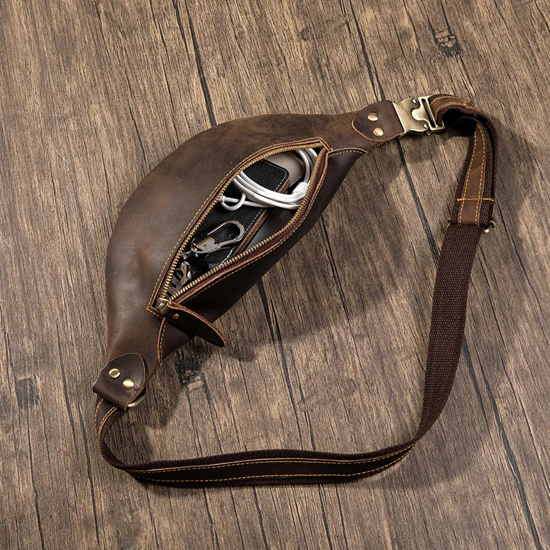 Crazy Horse Leather Waist Bag for Men Cowhide Waist Pack Fanny Belt Bags Male Travel Crossbody Chest Bag Small Phone Pouch