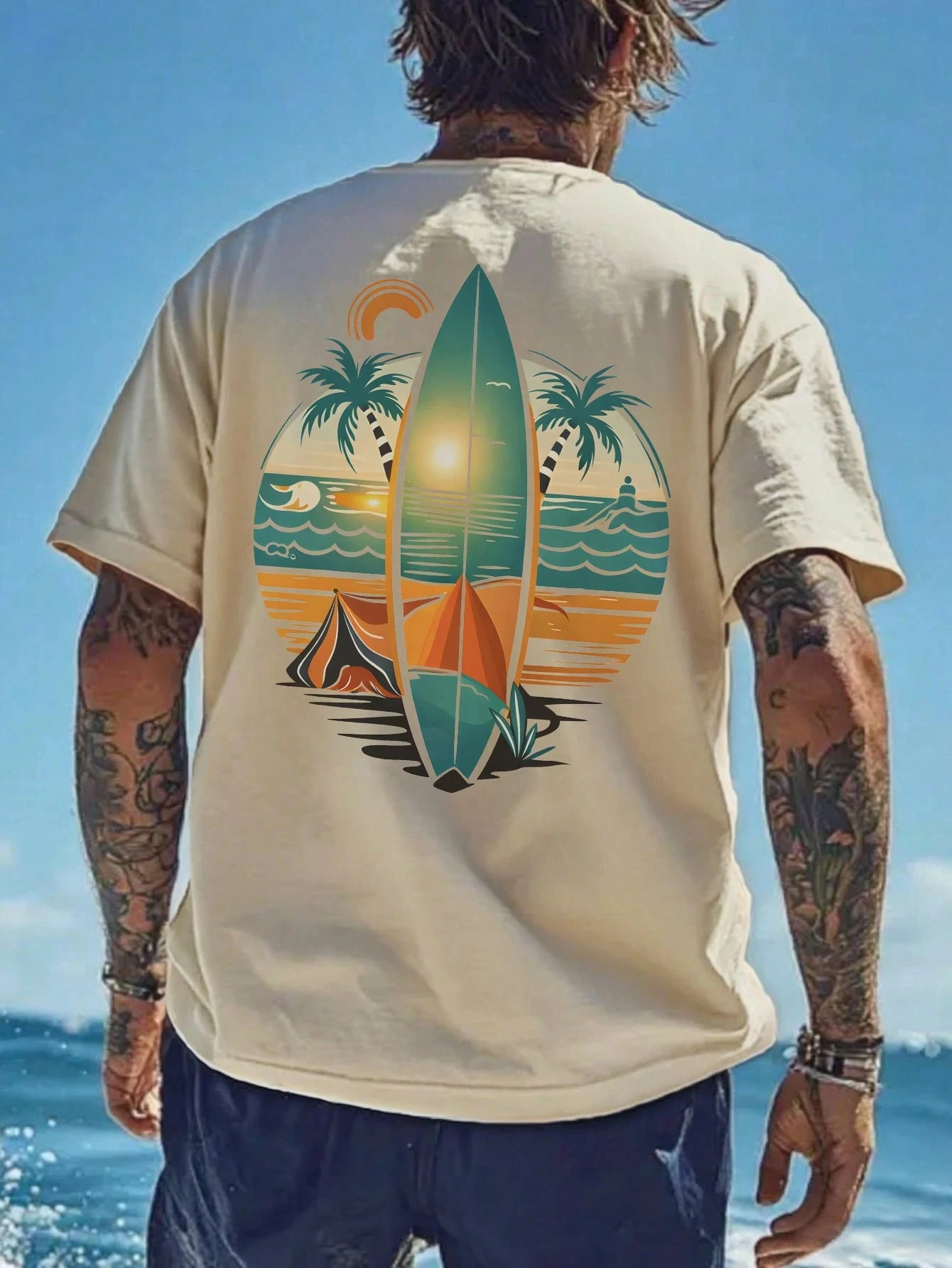 Surfboard Beach Palm Tree Graphic T-shirt Men Women Sunset Ocean Back Print Short Sleeve Casual Streetwear Tops