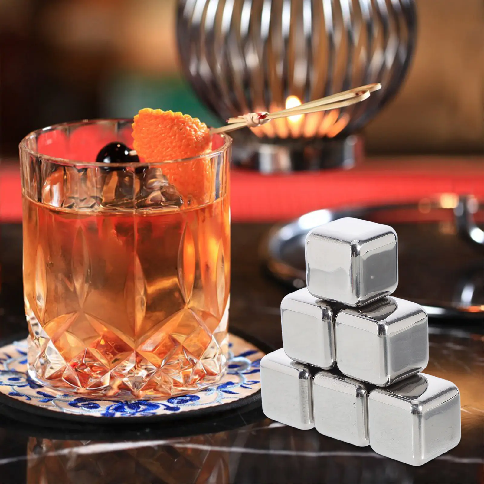 6Pcs Stainless Steel Whiskey Stones Reusable Metal Ice Cubes Wine Cooling Rocks Elegant Bar Gadget Silver Boxed - view 5