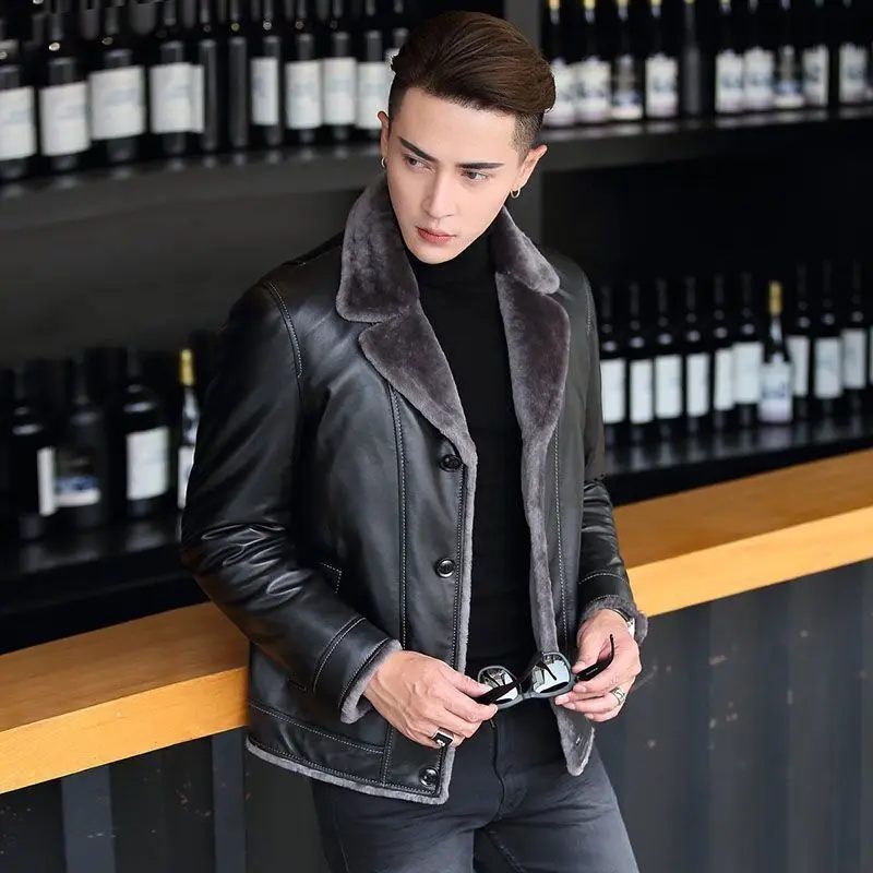 男性用の本物のシープスキンジャケット,厚いフリース,天然皮革と毛皮のスーツ,襟付きコート,韓国のショートパンツ,スリムフィット