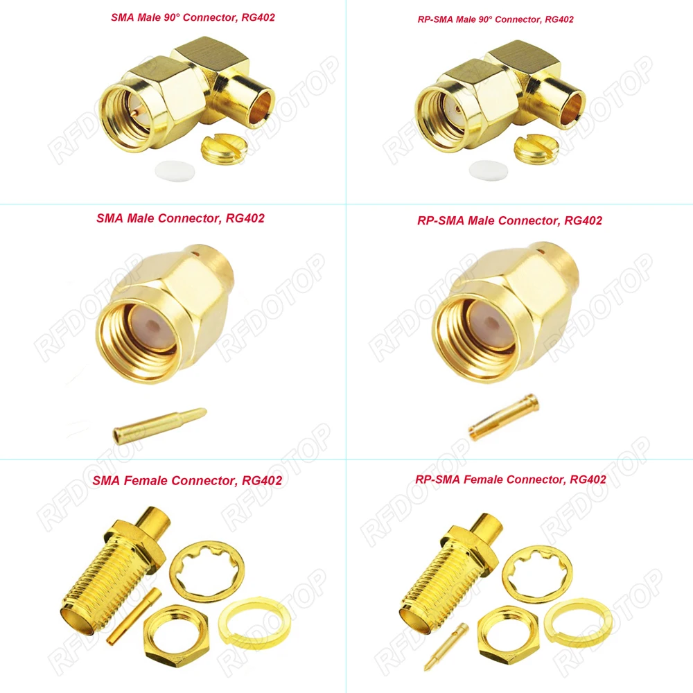 100pcs/lot SMA Or RP-SMA Male/Female Straight or Right Angle Crimp RG402 RG141 Cable RF Connector Gold Plated 50 Ohm