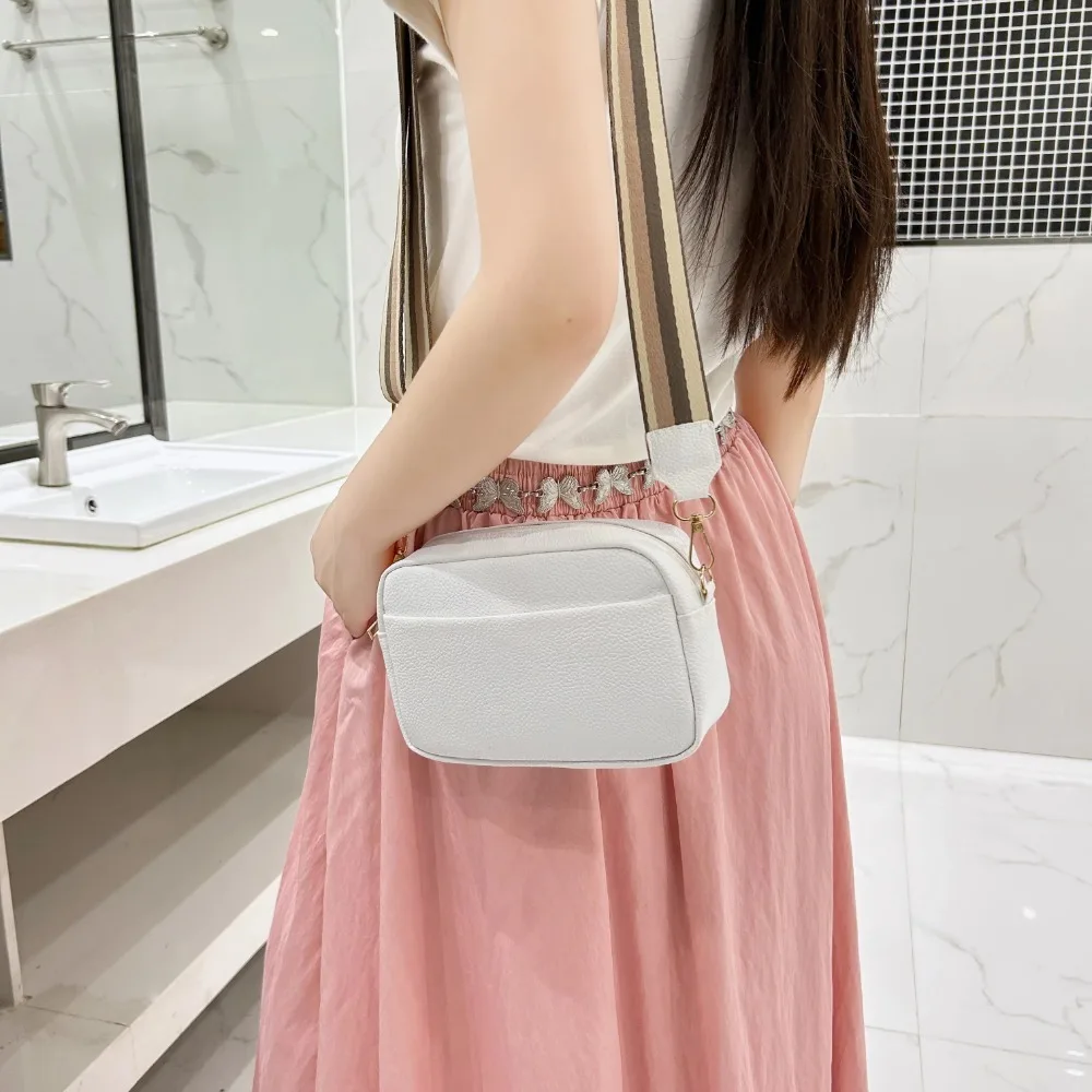 

New Solid Color Shoulder Bag PU Leather Wide Strap Small Square Bag Crossbody Bags Women