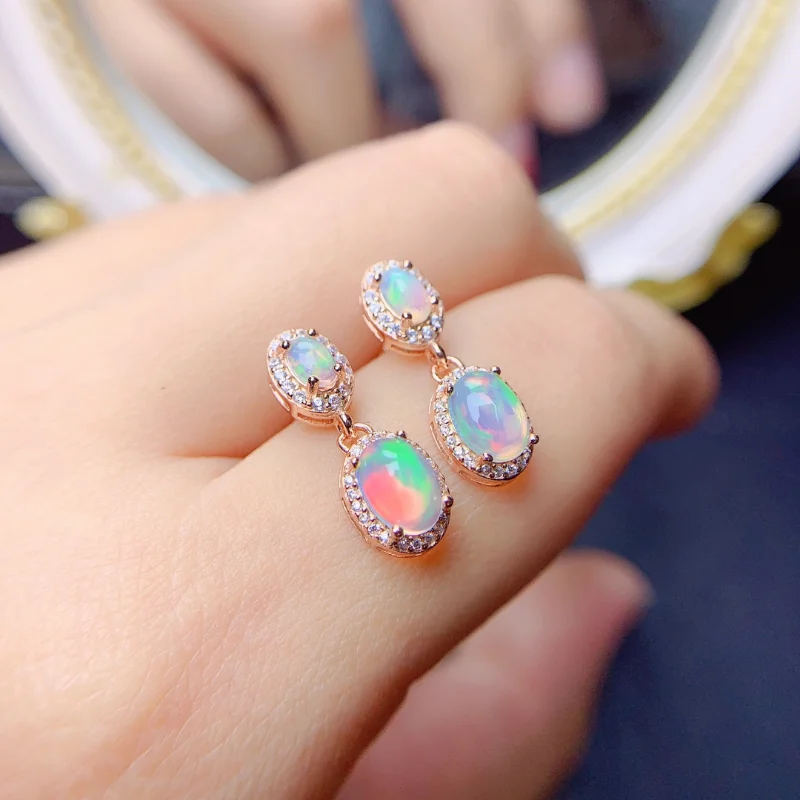 YULEM Oval Natrual Opal Stone Stud Earrings for Women Dainty Classic 4 Claws Natural Fire Opal Stone Students Earrings