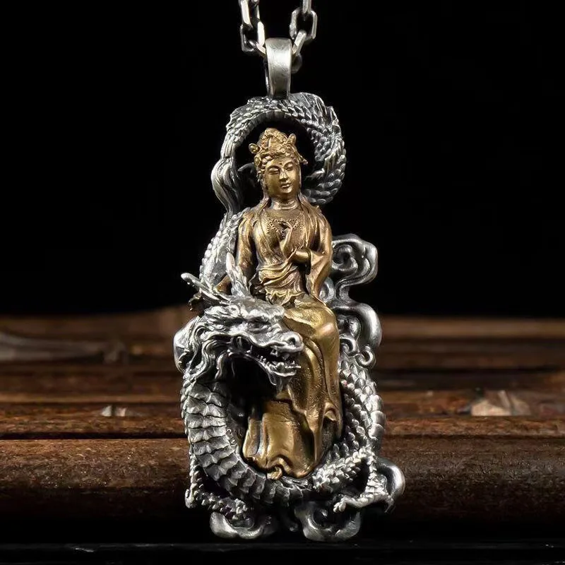 

Retro Heart Sutra Guardian God Goddess Guanyin Necklace Buming Year Personality Trend Zodiac Old Craft Thai Silver Lucky Pendant