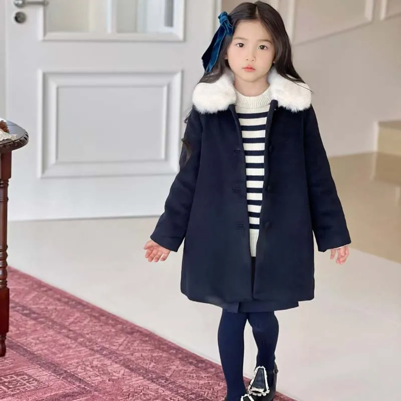 

In Stock 2025 Autumn British-style Baby Girls Wool Overcoat with White Fur Collar Winter Warm Wool Coat Kids Boutique Clothes