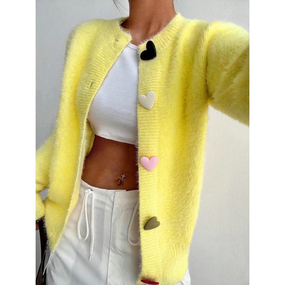 

Women's Solid Color Yellow Cardigan Sweater with Heart-Shaped Buttons round Neck Elegant Fashionable Casual Cardigan for Women
