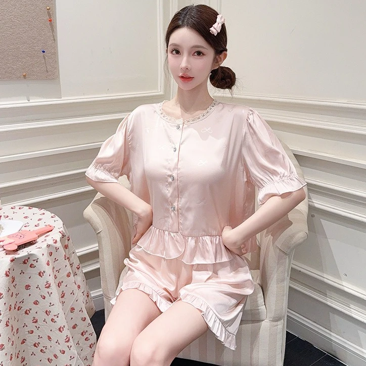 

Summer Round Neck Sleepwear Pajamas Suit Women Satin Nightwear Twinset Short Sleeve Pijamas Sleep Suit Casual Home Clothes
