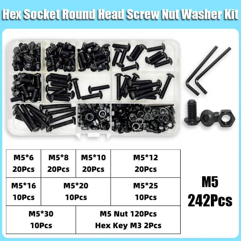 Komplettes 2510-teiliges M2 M2.5 M3 M4 M5 M6 Rundkopf-Innensechskantschrauben-Set 1840 10.9 Güteklasse Schwarze Innensechskant-Knopfkopfschrauben ISO7380 – Detail 12