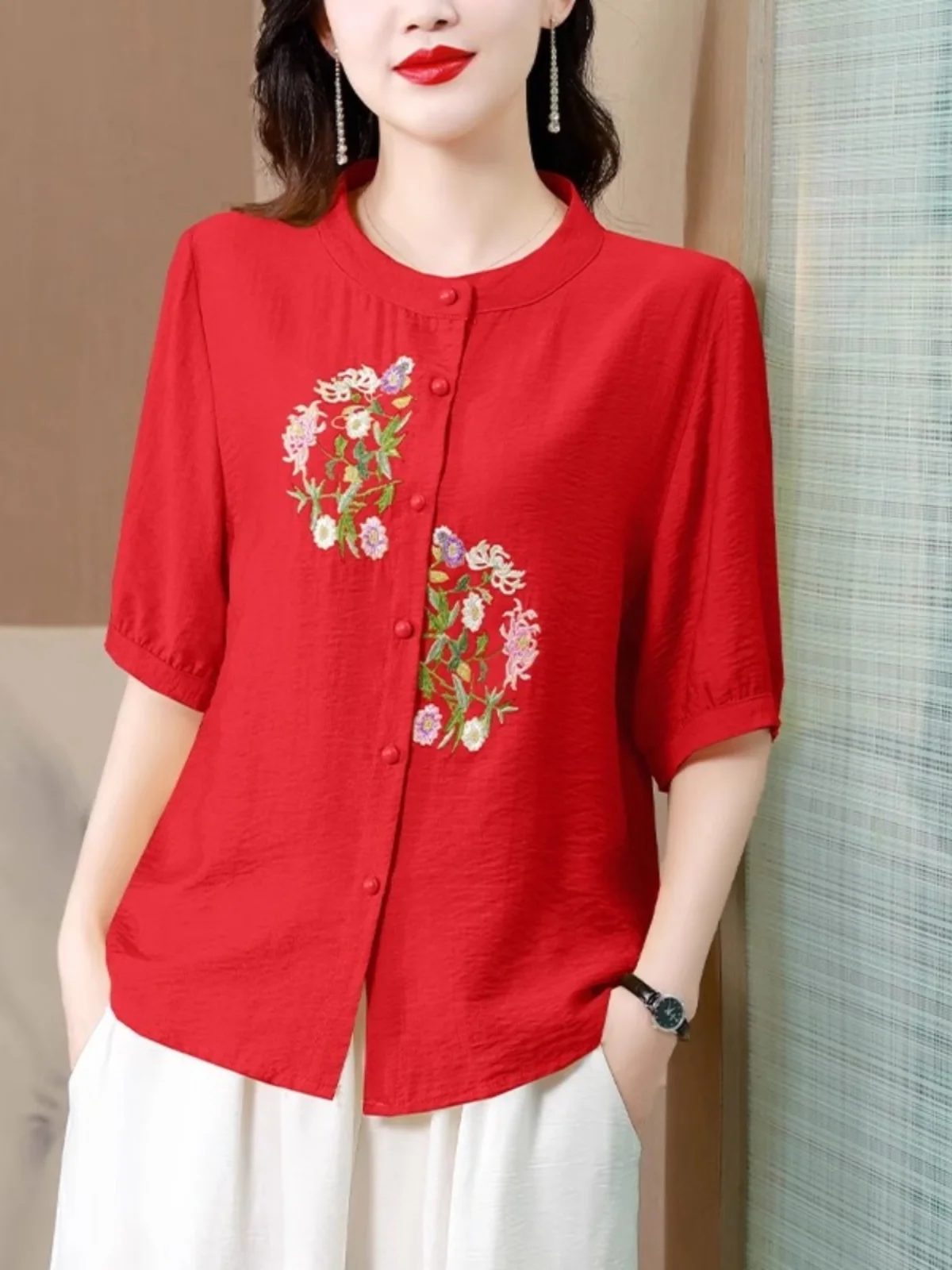 

Elegant Embroidered Cotton Linen Shirt Women's mid Sleeve Short Sleeve Summer Fashion Slimming Top Korean Style Loose Fit