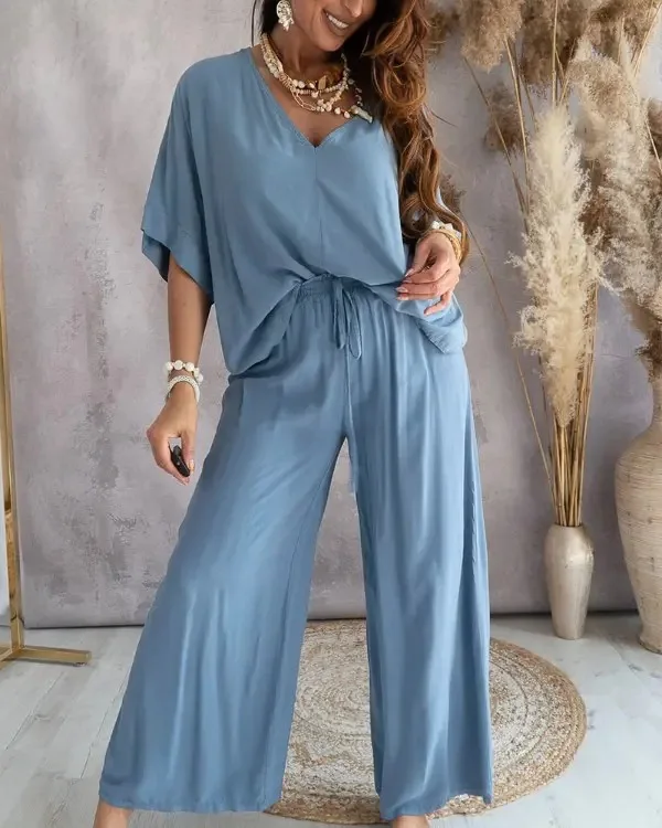 Women\'s Summer Trousers Suit V-neck Bat Sleeve Casual Top Lace-up Trousers Loose Solid Color Suit Two-piece Set