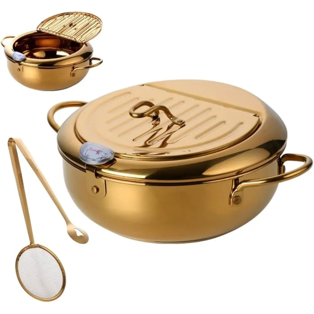 Olla freidora con termómetro y tapa con rejilla para escurrir aceite, sartén de fritura estilo japonés con clip colador, para patatas fritas, pescado y pollo