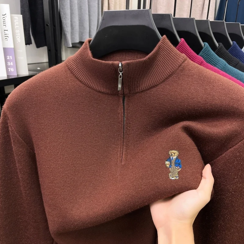 Spring Autumn New Men's Pullover Sweater Bear Embroidery Luxury Business Half-Zip Design Simple Stylish British Style Men's Tops