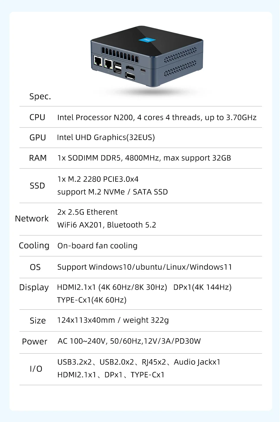 Imagem -03 - Mini pc Intel N200 Ddr5 4800mhz Ssd M.2 Nvme Win11 Linux Wifi6 Bluetooth 5.2 4k 8k 60hz Tipo-c Hdmi dp Usb 3.2 Lan 2.5g