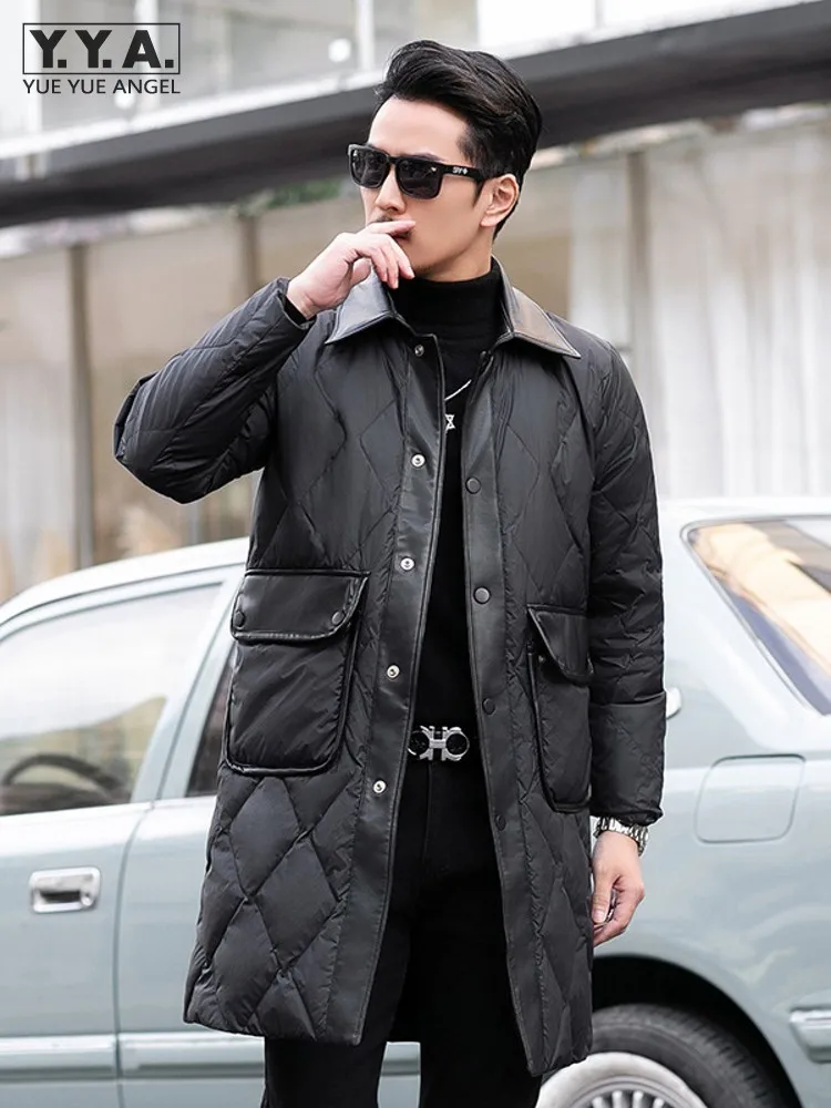 New Designer Winter Mens Mid Long White Duck Down Jacket Pu Leather Spliced Slim Fit Business Work Overcoat Thick Warm Down Coat