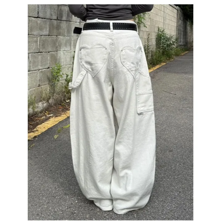 

Loose Wide Leg Denim Jeans Workwear Heart Pocket Casual High Waist Long Trousers Adult Cotton 100% No Stretch No Fleece