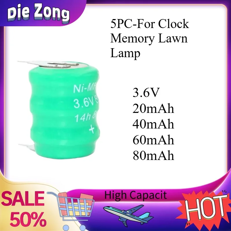 New 3.6V 20mAh-80mAh 5PCS  NI-MH Button Cell Ni MH Batteries With Pins Rechargeable Battery for Clock Memory Lawn Lamp lighting