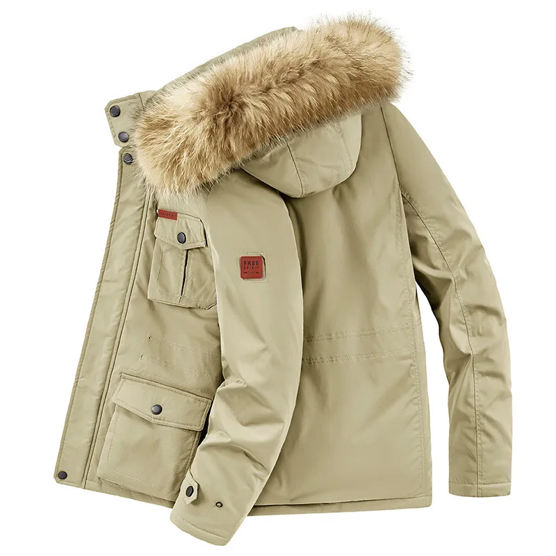 Men's Winter Fleece Cotton-Padded Jacket Mid-Length Hooded Casual Thick Warm Coat Youth Outerwear