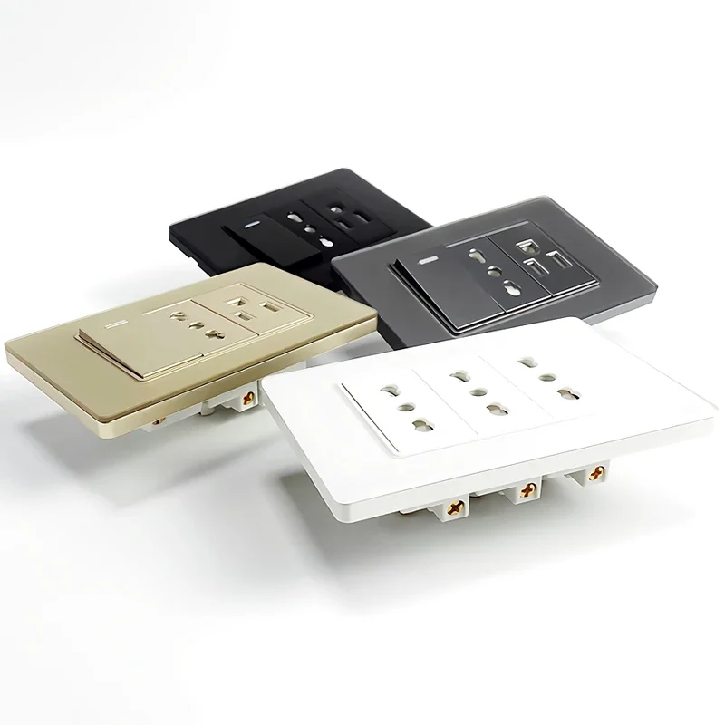 لوحة زجاجية T&I US 118 مفتاح مخرج حائط، مقبس تيار متردد مع وظيفة شحن USB وType-C