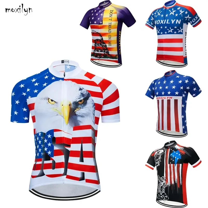 Moxilyn 2024 New colorful American flag Mountain bike road bike riding bicycle Jersey men summer riding shirt short sleeve