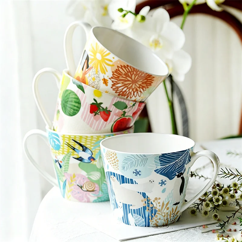 Europäische Pastoral-Knochenporzellan-Tasse mit Tiermotiv, 400 ml Kaffeetasse, 350 ml Keramik-Teetasse mit Fruchtmuster ﻿