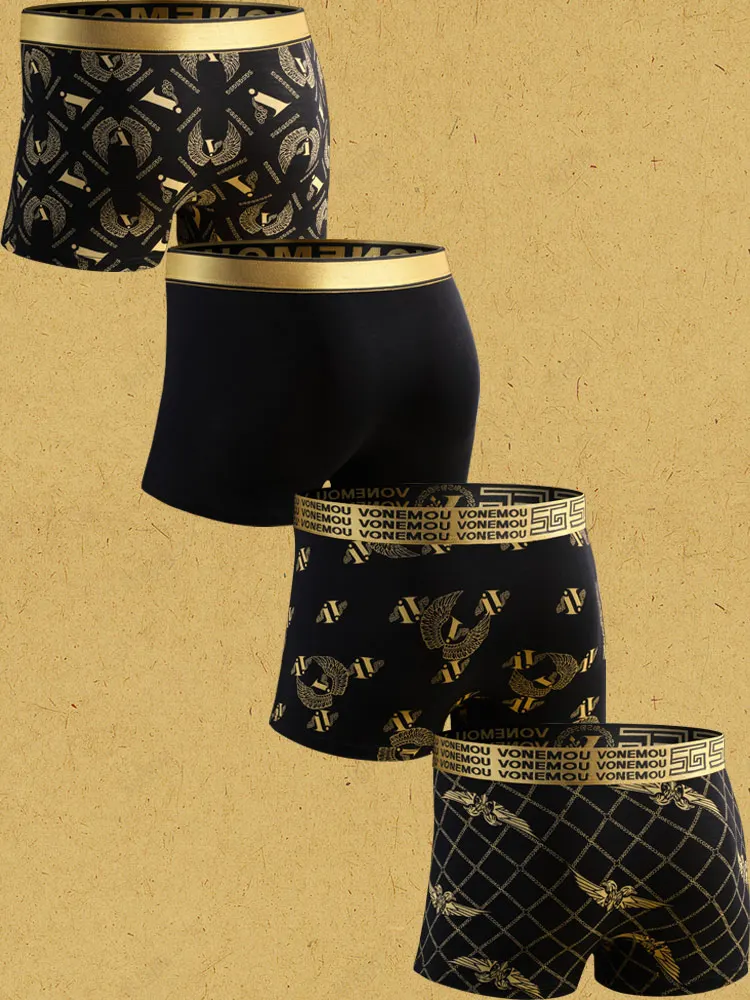 4PCS designer trendy eagle gold wings print, comfy, breathable and skin-friendly, men boxer  underwear with gift box