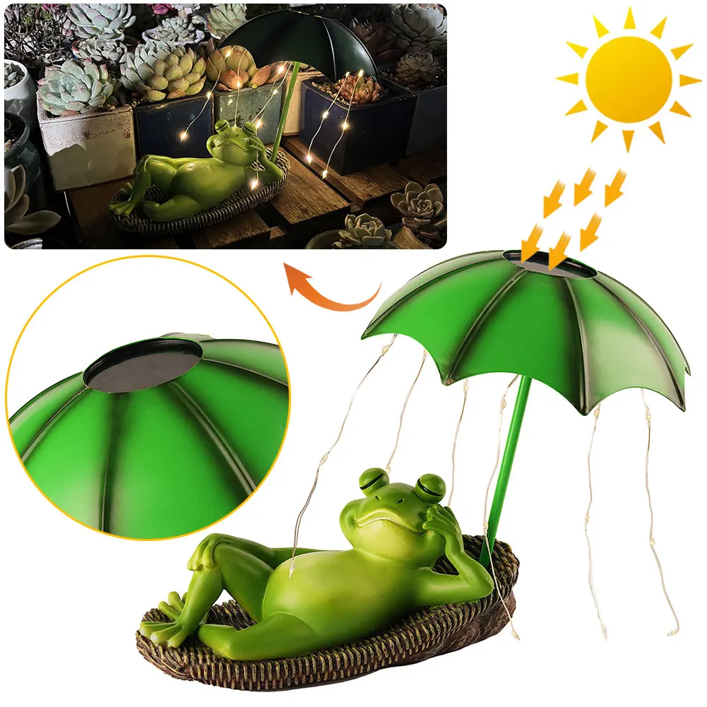 

Frogs Garden Outdoor Decor Statue Resin Solar Frog Umbrella Pond Statues Solar Garden Light Ideal Ornament for Yard Lawn Patio