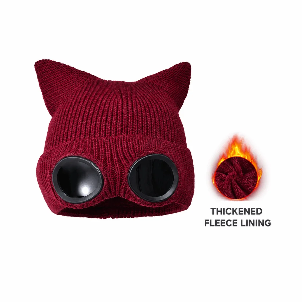 Fashion Warm Winter Beanie Windproof Lining Knitted Goggles Hat Cat Ear Thickened Skullies Hat for Women