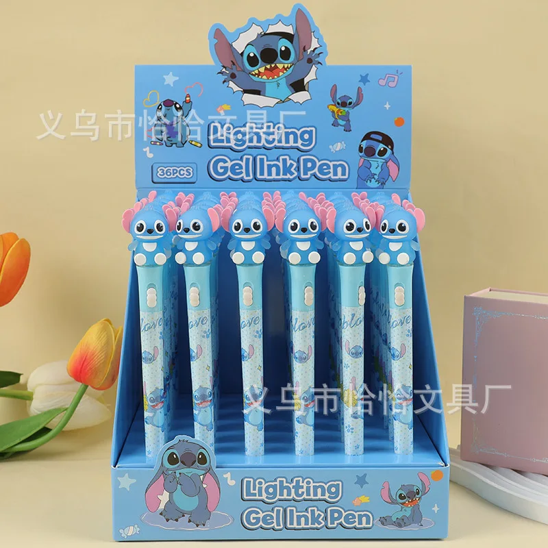 

Светящаяся гелевая ручка Disney Stitch, 36 шт., креативная световая ручка, мультяшная силиконовая головка, 0,5, черная ручка для подписи, студенческие призы, оптовая продажа