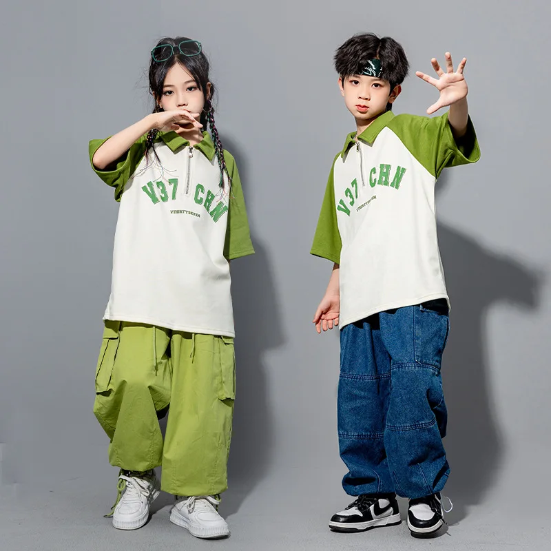 Hip Hop Mädchen Kleidung Kinder Jazz Street Dance Kostüm Grün Kragen T-shirt Denim Hosen Cargo Hosen für Jungen Performance Outfit