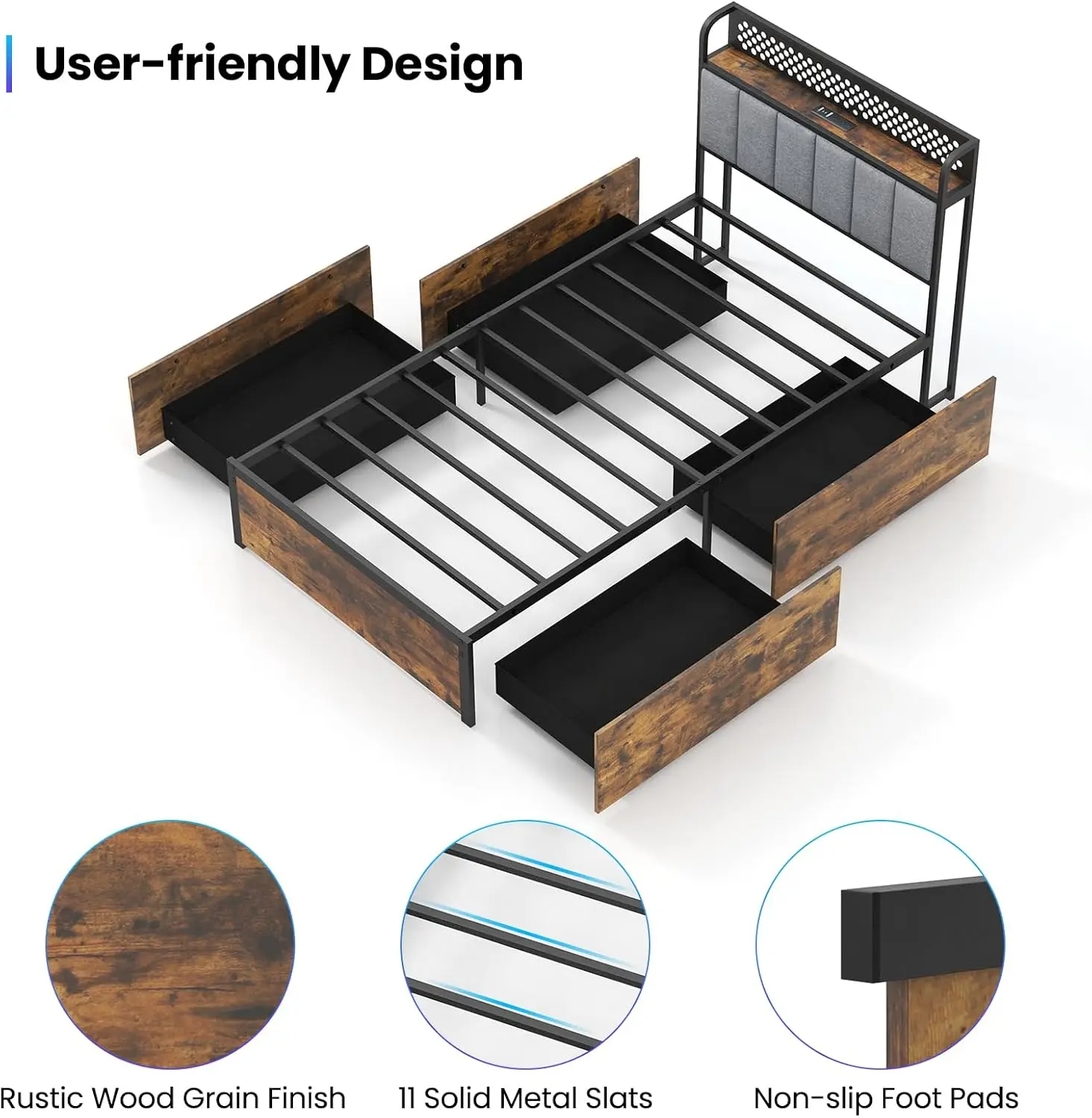 Metalen platformbedframe met gestoffeerd hoofdeinde en afstandsbediening, matrasfundering, geen boxspring nodig