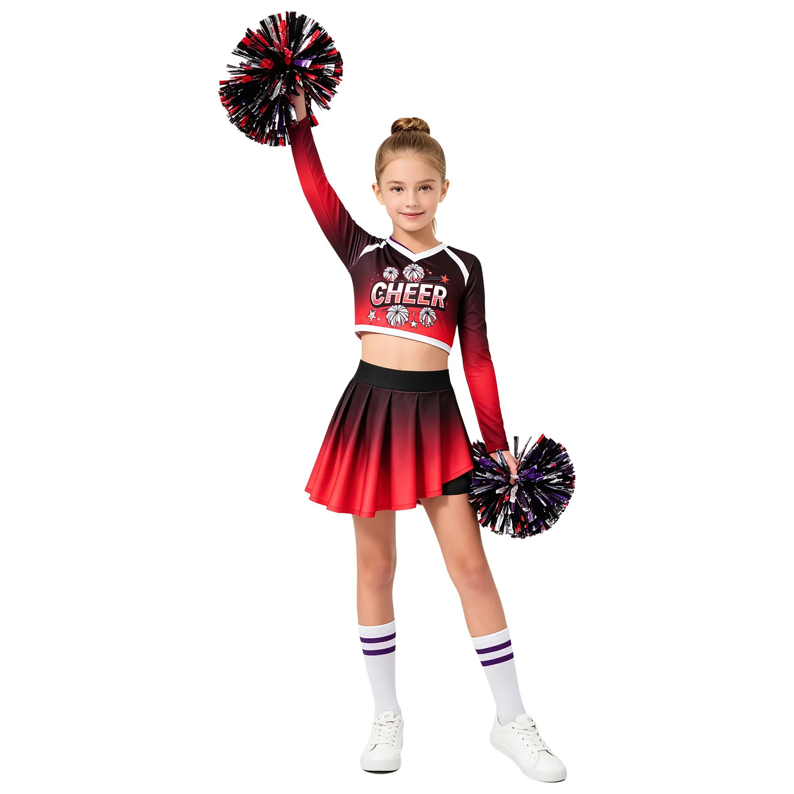 Cheerleader-Kostüm für Mädchen mit Farbverlauf, CHEER-Buchstabendruck, langärmeliges Crop-Top mit V-Ausschnitt, asymmetrischer Rock, Kinder-Cheerleading-Uniform – Detail 8