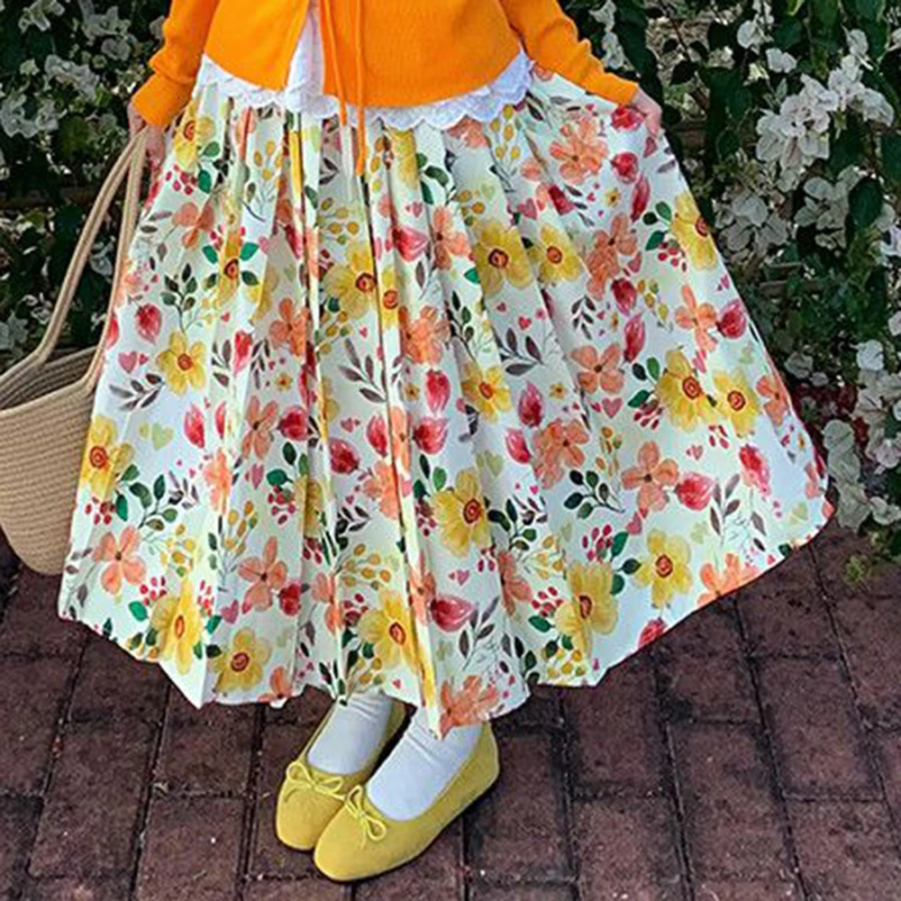 American retro orange lace-up knitted cardigan schoolgirl orange flower slim high waist skirt two-piece set