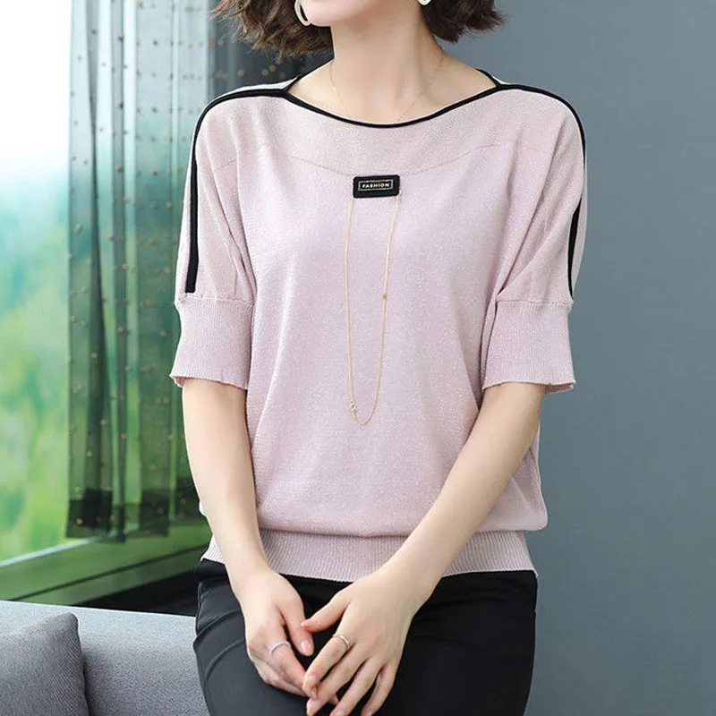 Simplicity Commute Short Sleeve Solid Color T-shirt Women's Clothing Summer Loose Chic Chain Spliced Casual Thin Tops Female