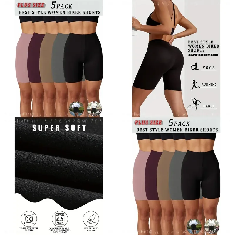 5 Pack Women Plus Size High Elasticity Biker Shorts 6 Inch Inseam Full Coverage Non Sheer Tight Fit Athletic Pants for