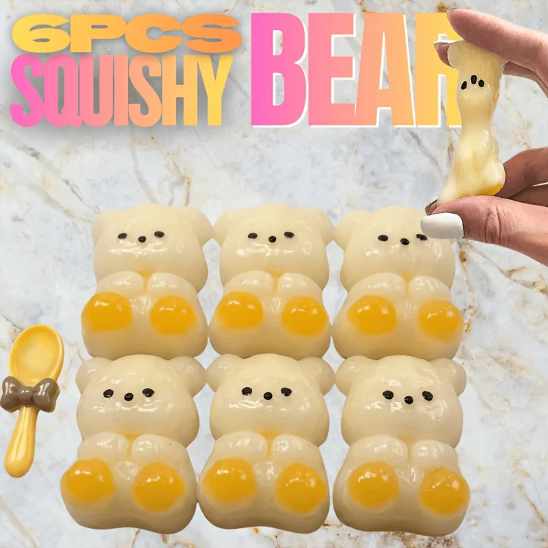

6PCS Cute Bear Squishy Toy Set Stretchy Squeeze Bear with Spoon Slow Rebound Stress Relief Fidget Toy for Kids Adults