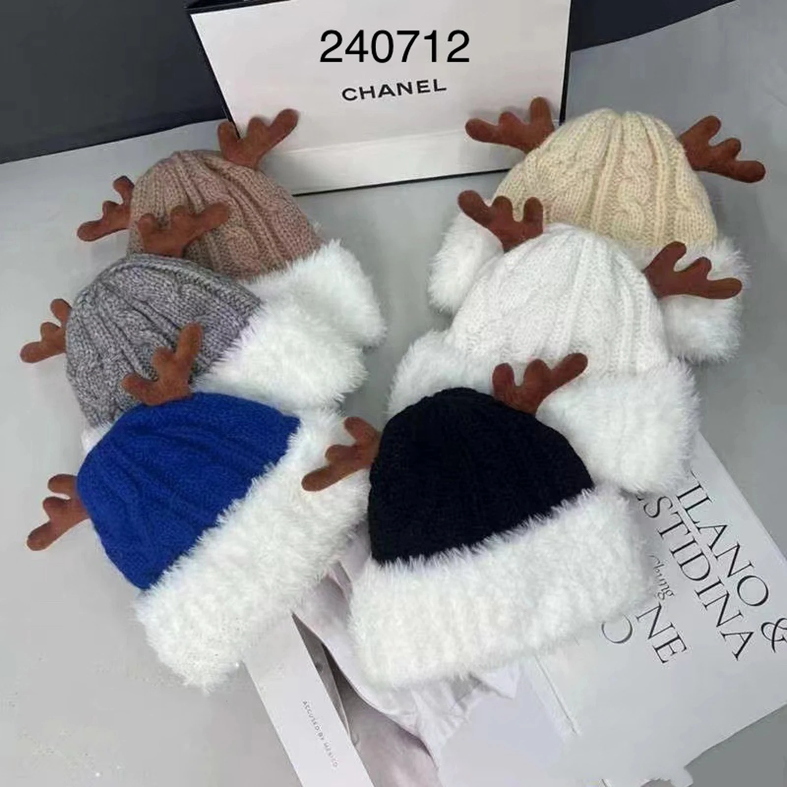 Reindeer Knitted Beanie for Women Winter Warm Fur Antler Hat Soft Thick Skullies Hats for Outdoor Activities Casual Caps