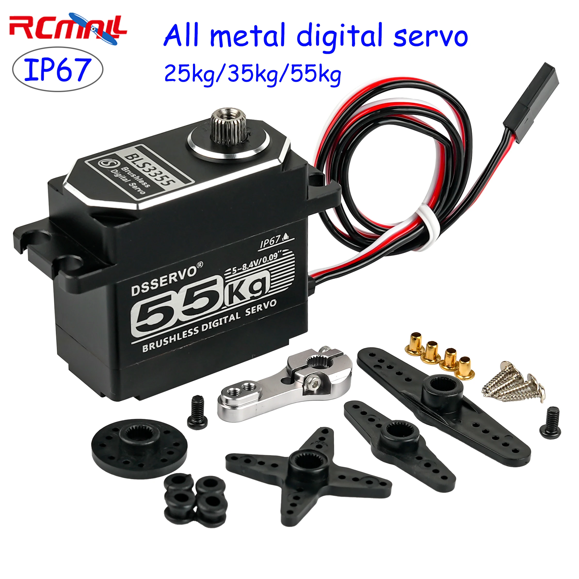 

RCmall DSSERVO Digital Servo 7.4V High Speed Brushless Servo 25kg 35kg 55kg 180/270/360 IP67 All Metal Servo for RC Car Rotots