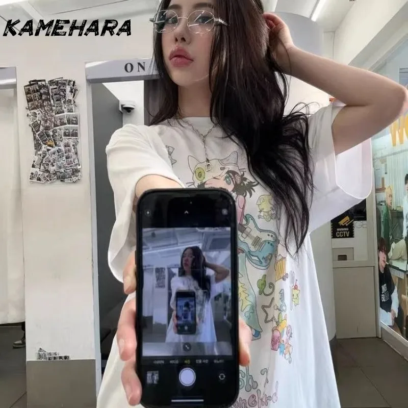 

KAMEHARA Y2k Japanese Summer Girl Print T Shirt Women Casual Round Short Sleeve Cute Korean Sweet Loose Fit Casual Tops 민소매 티 여성