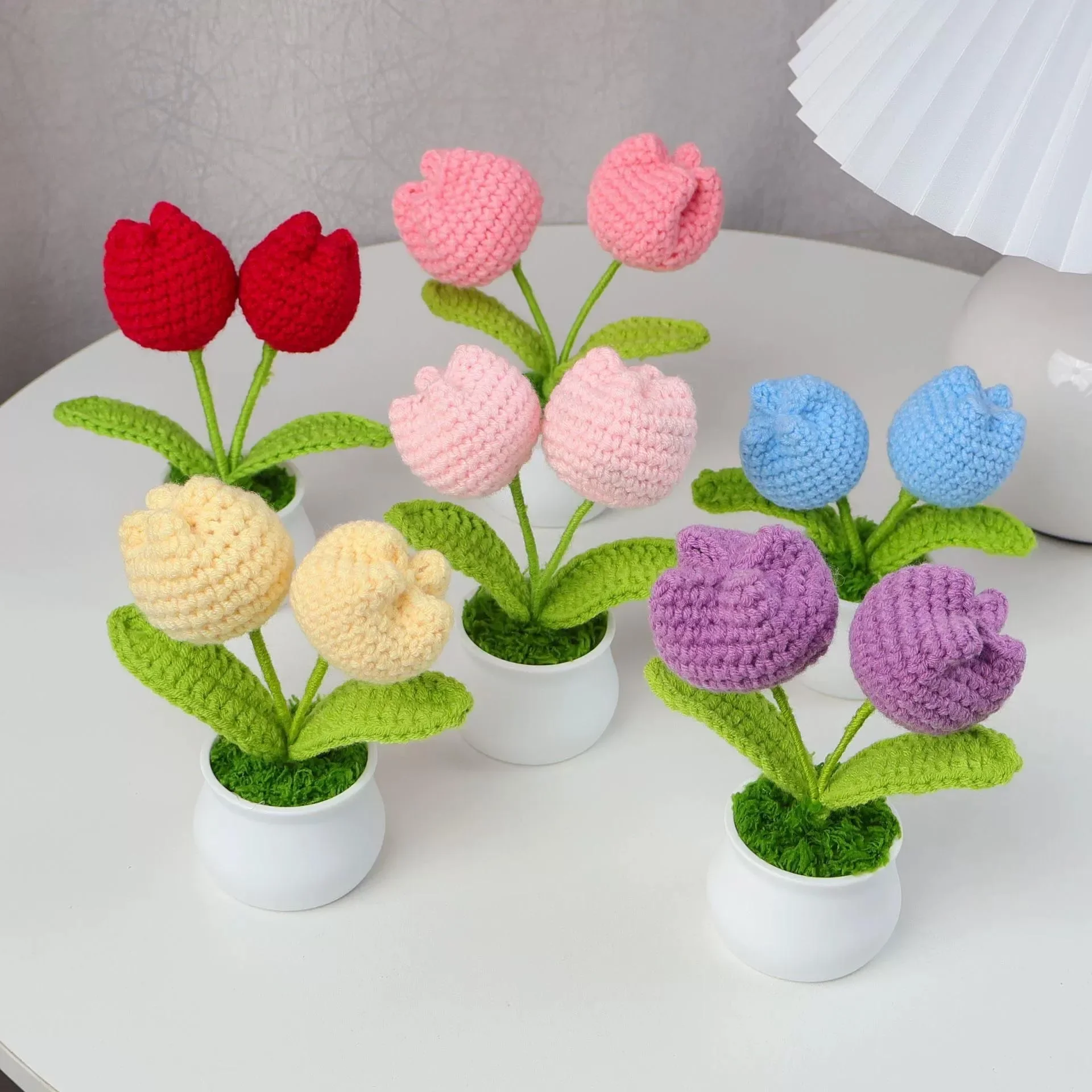 Crochet Tulips Flower Potted Creative Handmade Tulip Flowers Finished Plant A Crochet Car Desktop