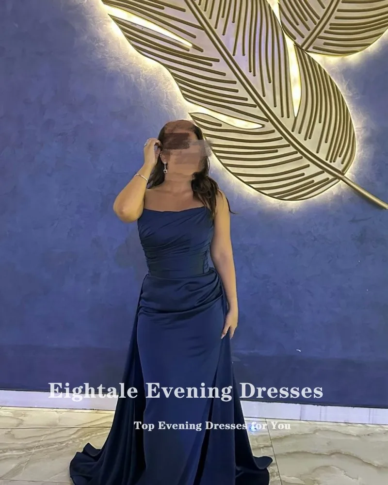 Eightale Navy Blue Evening Dress with Detachable Skirt Customized Pleats Arabic Prom Satin Wedding Party Gown Vestidos De Gala
