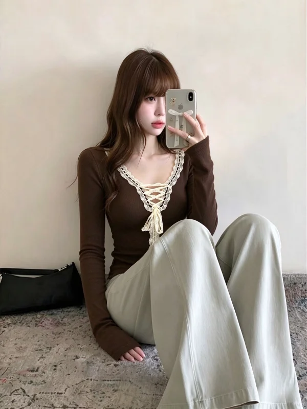 Korean Style Pure Desire Brown Lace Tie  Knot V-Neck Long Sleeve T-Shirt Women's Autumn Light Maturity  Non-Rep...
