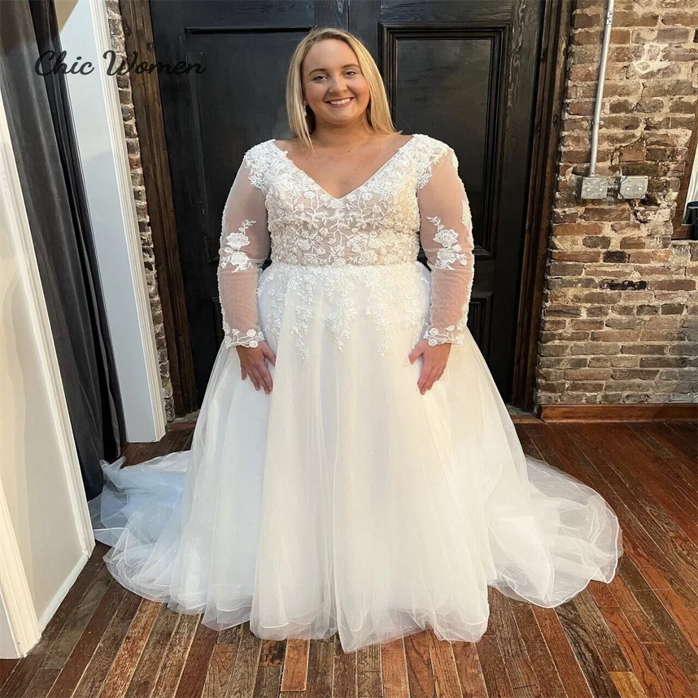 Sparkle Plus Size Wedding Dress With Lace A Line Tulle Long Sleeve V Neck Backless Bridal Gown Elegant 2023 Garden Outdoor Bride