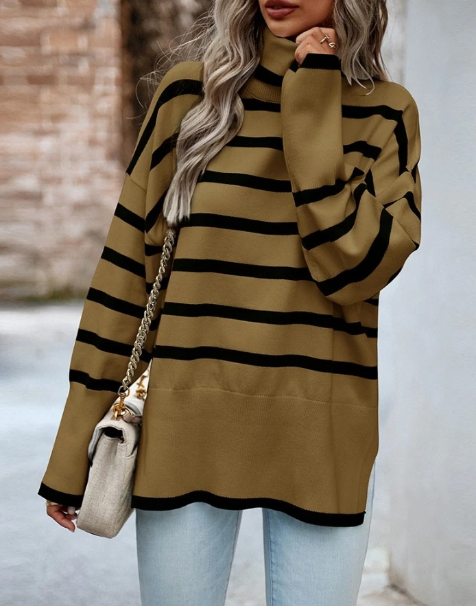 Girls' New Fashionable Striped High Neck Side Seam Casual Long Sleeved Knitted Loose Sweater Pullover In Stock