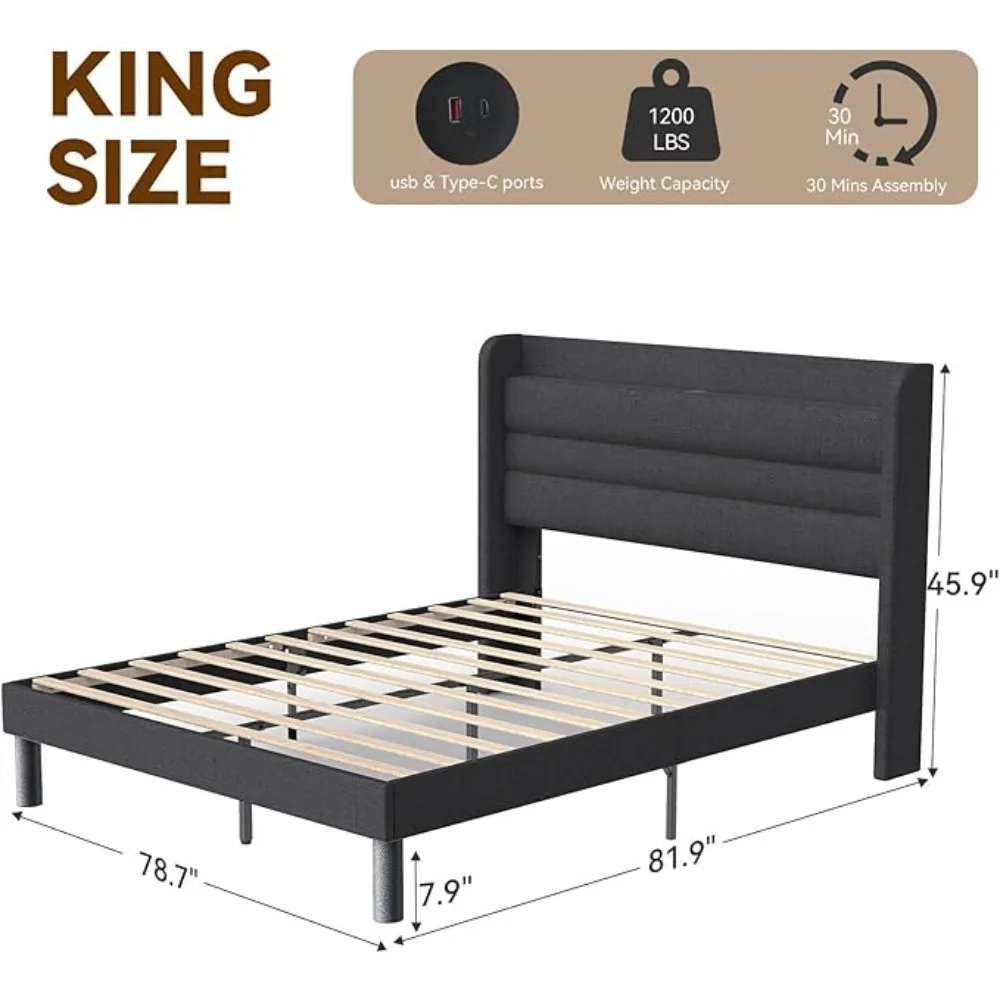 Estrutura de cama com estação de carregamento, portas tipo C e USB, cama king size estofada em linho com prateleira de cabeceira de armazenamento Wingback pesada