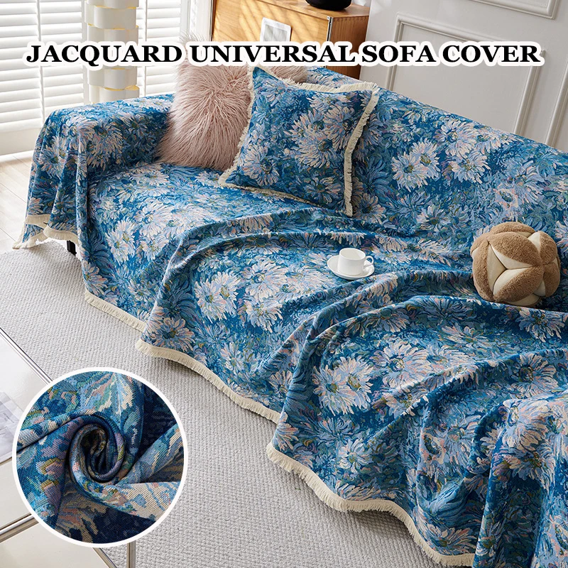 Summer Retro Cotton Linen Jacquard Universal Sofa Cover Blue Yarn-Dyed One-Piece Sofa Cover Antislip Sofa Towel Blankets