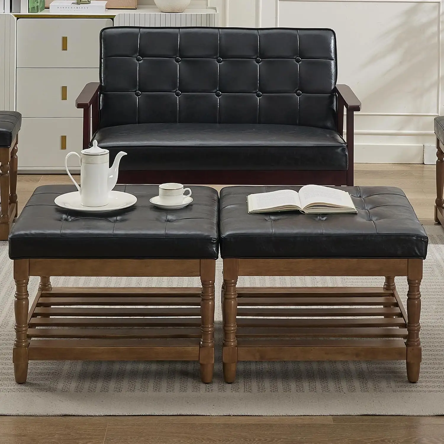 Leather Ottoman Set 2, Square Upholstered Storage Foot Rest, Mid Century Modern Wood Roman Legs Living Room, Customized