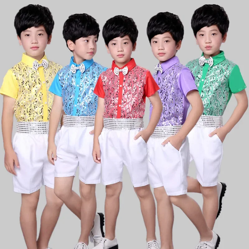 Children's Costume Children's Choir Clothing Boy's Wear Short Sleeve Sequin Tops and Pants 2 pcs / set Latin dance clothes